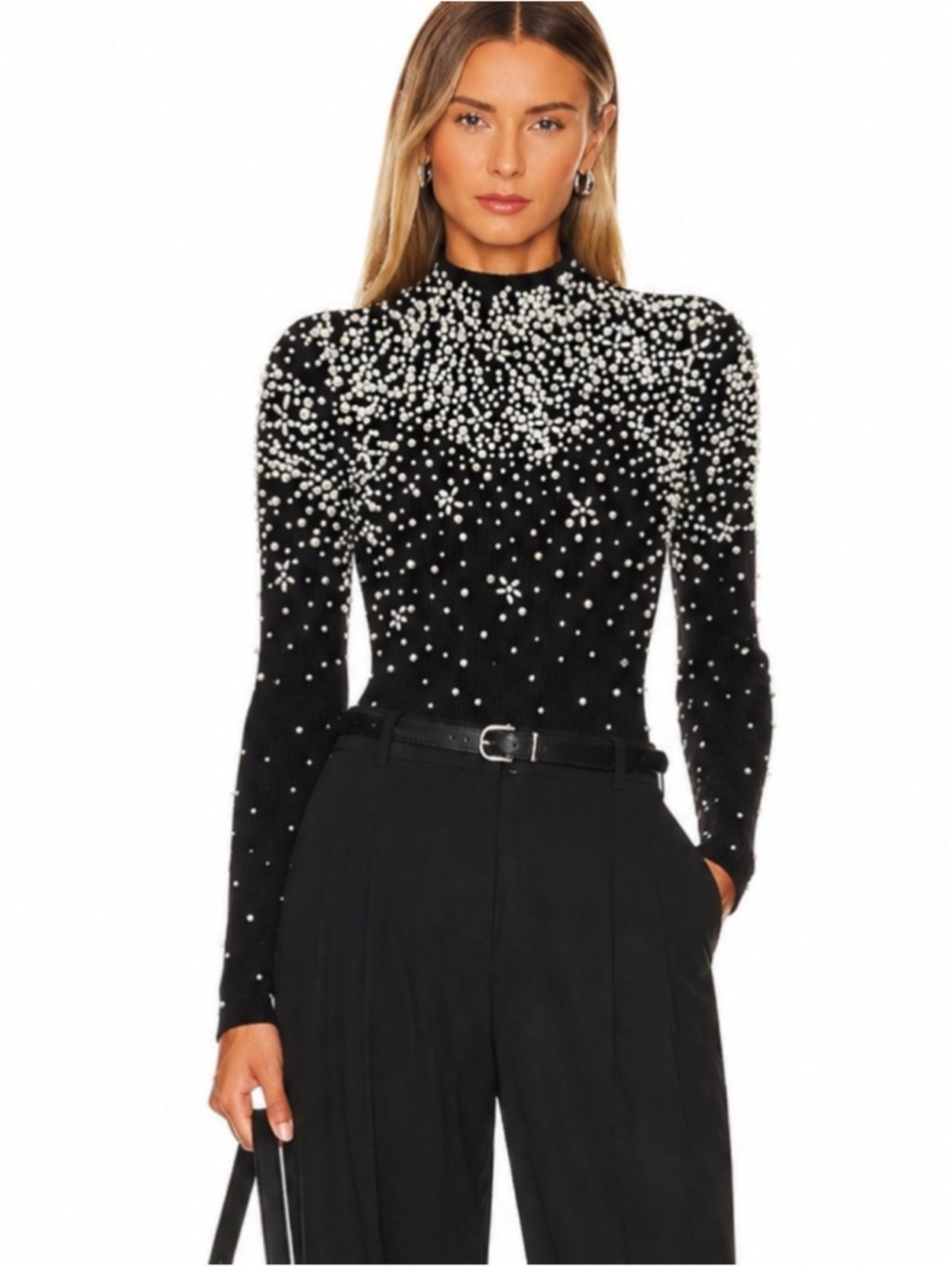 New Guess Marciano Mock Neck Pearl Embellished Crystal Black Gray Sweater XS